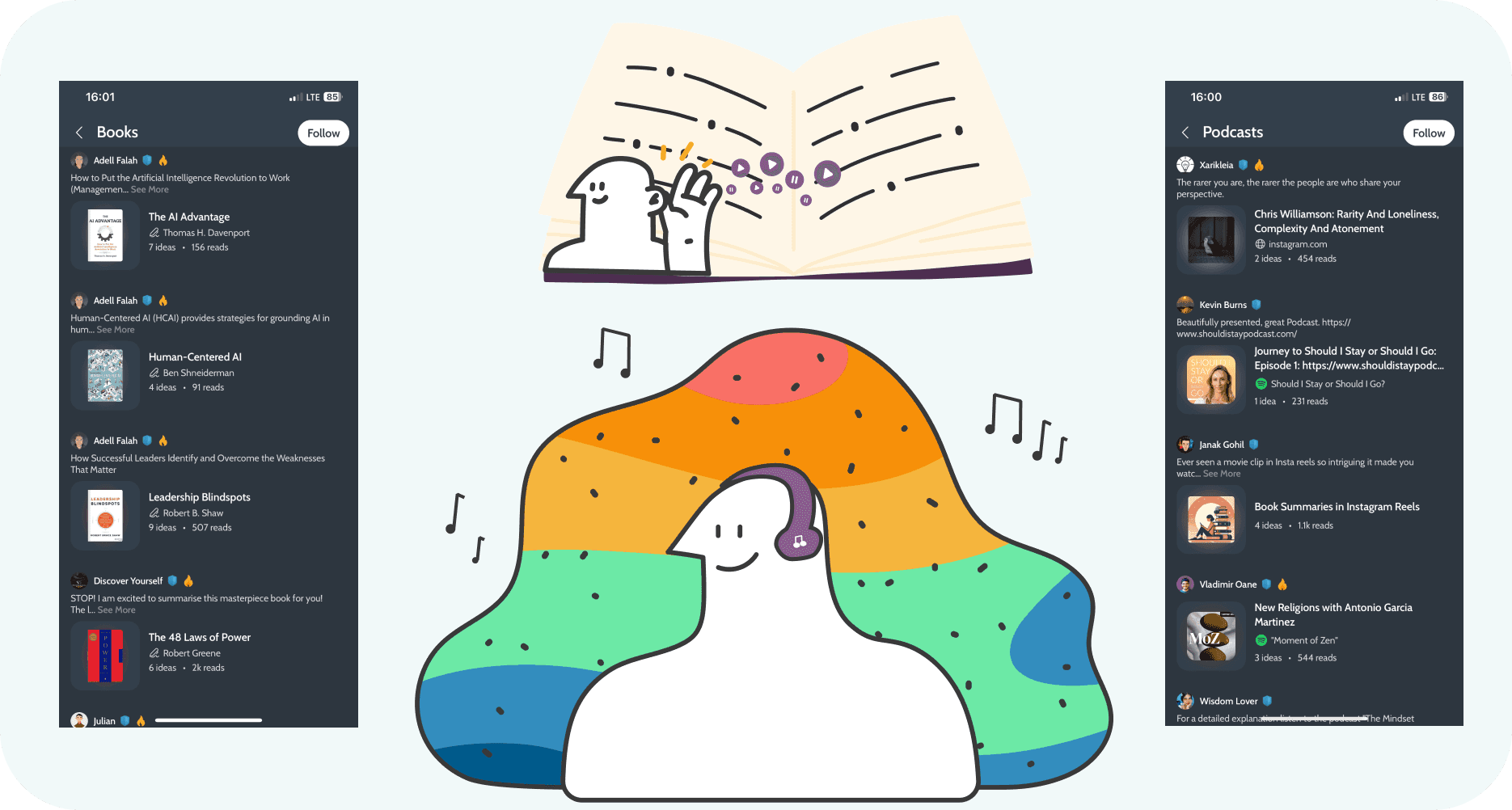 Stashy becoming more knowledgeable by listening to podcast summaries and book summaries on Deepstash